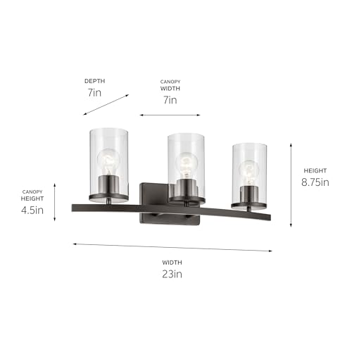Image of Kichler Crosby 23 inch 3-Light Bathroom Vanity Light Fixture with Clear Glass Shades in Olde Bronze for Modern Powder Room Over Mirror Lighting (23 inch x 8.75 inch), 45497OZCLR