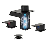 Black Bathroom Faucet 3 Hole with Filter, 8 inch Waterfall Black Sink Faucet for Bathroom with Pop Up Drain and Hoses, Widespread Filtered Matte Black Bathroom Sink Faucet
