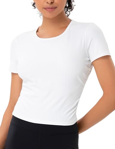 YUNOGA Womens Workout Top Short Sleeve Ribbed T-Shirt Compression Athletic Yoga Shirts