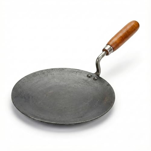 Image of Pure Iron Concave Tawa for Roti /Chapati with Wooden Handle | Premium Heavy 100% Iron Handmade Curved Tava for Multipurpose Uses & Health Benefits | Non-Toxic, No Chemical Layers| 10 Inch, Heavy 1KG
