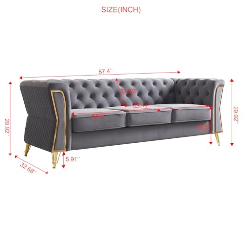 Image of KEIKI 87 inch Chesterfield Velvet Button Tufted Sofa with High Density Foam Cushions, Modern Style 3-Seater Couch with Gold Strip Trim Decoration, Easy Assembly, for Apartment, Living Room, Office, Grey
