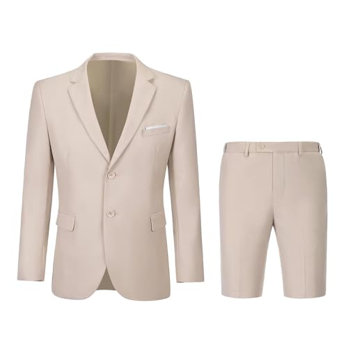 Men's Slim Fit 2 Piece Suit Set,Two Button Solid Blazer Shorts Suits Summer Business Tuxedo Set - Main Image