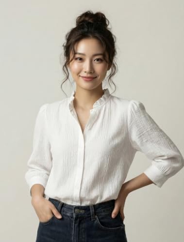 Image of Messica Women Brown Solid Cotton Blend Knitted Top | Ruffle Neck | 3 /4 Sleeve | Regular Fit Casual Office Wear Top
