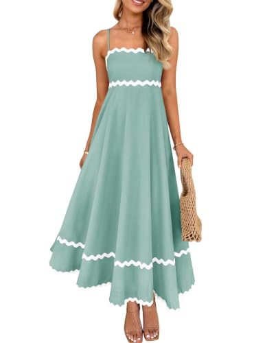 Image of ZESICA Women's 2026 Summer Spaghetti Straps Midi Dress | Sleeveless Sundress, Backless Long Dress, Flowy A Line Dress, Swing, Smocked Lace Dresses, High Waist, Wedding Guest Dress