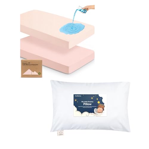 KeaBabies 2-Pack Waterproof Baby Crib Mattress Protector Cover and Toddler Pillow for Boys, Girls - Soft Cotton Protector for Kids Mattress - Kiddy Pillow for Sleeping