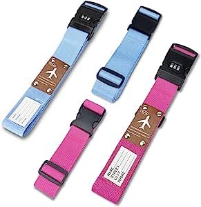 Travistar4 Pack Luggage Straps for Suitcases, Adjustable Lockable Suitcase Straps Set Travel Accessories for Safely Closing the Suitcases While Travelling and Marking Luggage (Blue Pink)
