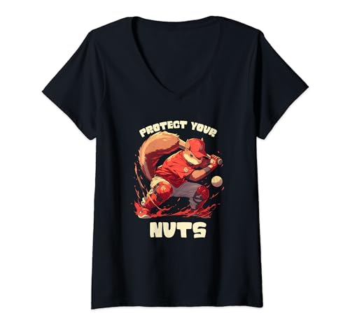 Womens Squirrel Catcher Protect Your Nuts, Funny Baseball Cute V-Neck T-Shirt