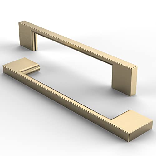 FURNIWARE Lot de 10 poignées de meubles, d'armoire, de cuisine, dorées, espacement entre les trous : 128 mm, laiton doré et acier inoxydable brossé