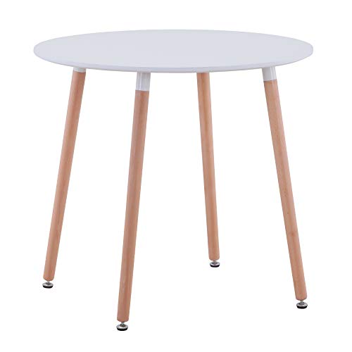 BenyLed Mesa de Cocina Redonda Moderna con Patas de Madera de Haya, Mesa de Centro Escandinava, El Escritorio es un Panel Completo, 80 cm * 80 cm * 75 cm, Blanco