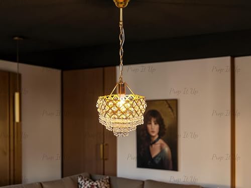 Image of Prop It Up Crystal Chandelier with Gold Frame for Home, Glass Crystal Beads Pendant for Hall, 25 Inch Chain Length, 9 Inch Diameter, Without Bulb