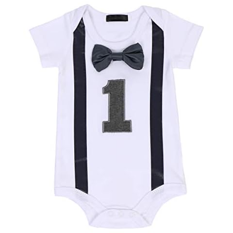 FYMNSI Bebé Niño Primer Cumpleaños Mameluco Número 1 Caballero Corbata de Lazo de Una Pieza Body de Algodón Manga Corta Traje Pelele para Recién Nacidos Infantil Negro Cover