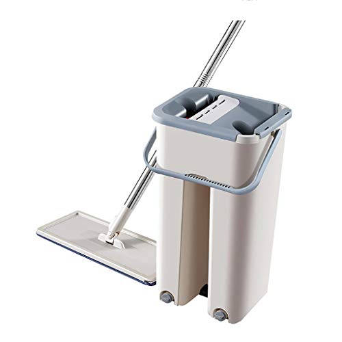 Homefami Flat Mop Bucket System Hand Free Dry Wet Self Wringing Floor Cleaning Kit Home Cleaning Tools for Hardwood Laminate or Tile. (Khaki)