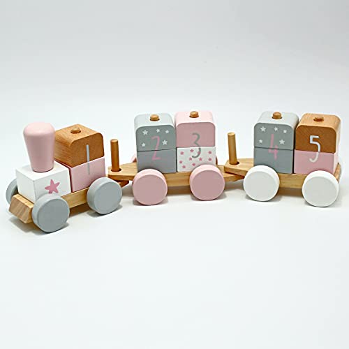 Babygeschenk zur Geburt - Personalisierte Holzeisenbahn Holzzug mit Steckformen rosa/weiß | Jollein | Personalisiert mit… – Bild 4
