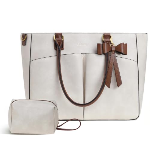 Image of Laptop Tote Bag for Women, Leather Work Tote with Padded Laptop Compartment, Cup Holder, Office Computer Briefcase