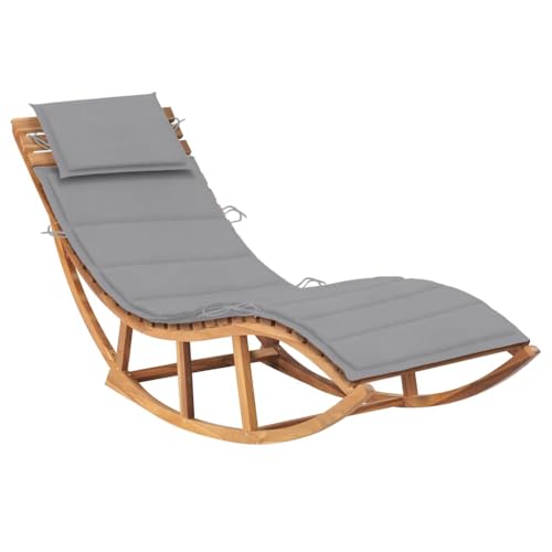 Rocking Sun Lounger with Grey Cushion, Solid Teak Wood, 60x180x73cm, for Garden Patio Pool, Weather Resistant, Durable Outdoor Relaxing Beach Chair