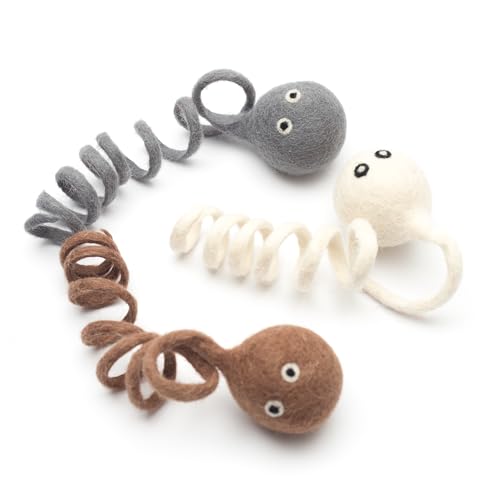 Glaciart One Felt Spring Cat Toy – 3 Pcs Soft Fuzzy Enrichment 100% Natural Wool - Interactive Stretchable Play Set - Safe for Pets, Non-AZO Colored Dyes - 4” Long