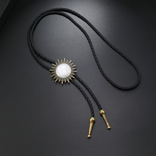 Image of Bolo Tie for Men Women Cowboy Turquoise Celtic Natural Tiger Eye Stone Longhorn Bull Western Leather Bolo Necktie