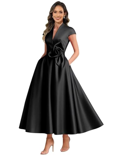 KDTM Tea Length Mother of The Bride Dresses Cap Sleeve Satin 3D Flower Formal Dress for Women KDSQ03