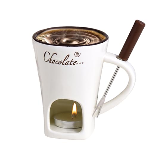 Generisch Fondue de chocolate de cerámica con tenedor y vela de té, 200 ml, 11 x 8,8 x 12 cm, taza de fondue de chocolate, resistente al calor, para chocolate, queso, mantequilla, caramelo