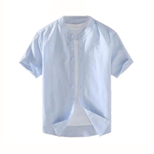 Chemise manches courtes coton et lin homme unie col montant style plage décontracté