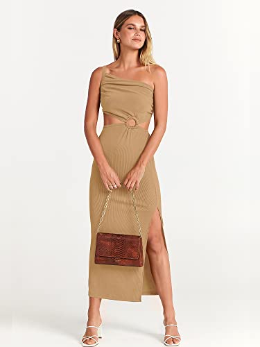 Anrabess Women’s Summer Sexy Bodycon Maxi Gradution Dress 2023 Prom Dresses One Shoulder Sleeveless Sexy Cut Out Formal Cocktail Party Dress 765Kaqi-S Khaki #TOP7
