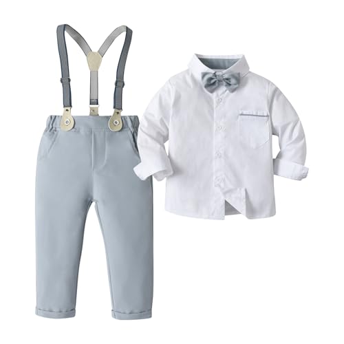Image of Boarnseorl Baby Boys Pants Sets, Infant Long Sleeve Shirt + Pants + Bow Tie + Suspenders Outfits