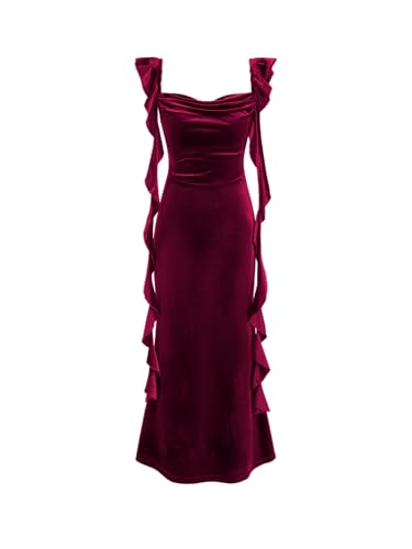 CIDER Maxi Dress for Women Velvet Cowl Neck Ruffle Hem Sleeveless Party Dress Formal Event Middle Waistline