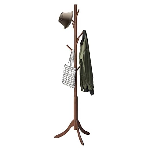 kiplant Bamboo Wood Coat Rack Stand, Freestanding Coat Tree with 8 Hooks, Hallway Entryway Hat Hanger Organizer Standing for Bedroom, Office, Clothes, Jackets, Bags, Umbrallas