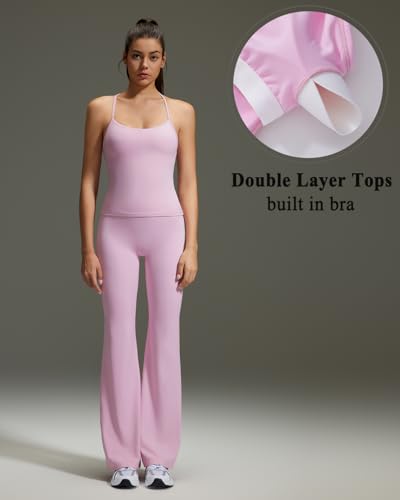 OMKAGI 2 Piece Workout Sets for Women Padded Tank Tops Flare Leggings Pilates Outfits4