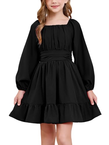 Girls Long Sleeve Dress with Ruffles Square Neck Tie Back Girls Fall Dresses Size 6-14 Years