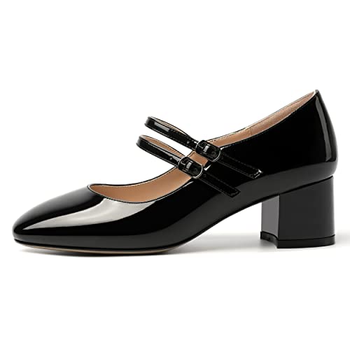 SHOWFOREST Women's Dating Buckle Cute Square Toe Solid Patent Block Low Heel Pumps Shoes 2 Inch2