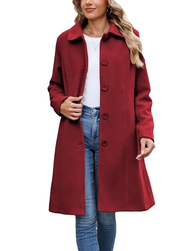 Springrain Womens Pea Coat Elegant Overcoat Single Breasted Winter Coat Dress Coat with Pockets(Red-M)