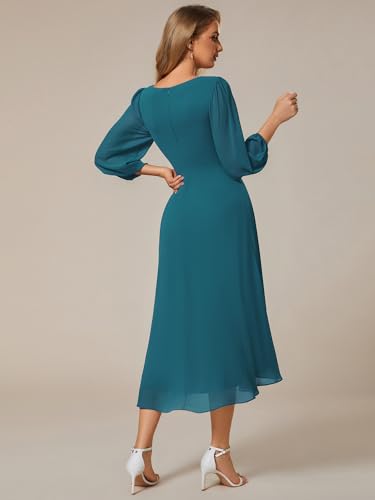 Image of Ever-Pretty Women's Chiffon V Neck Long Sleeves A-Line Midi Length Wedding Guest Dress Cocktail Party Formal Dresses 01926