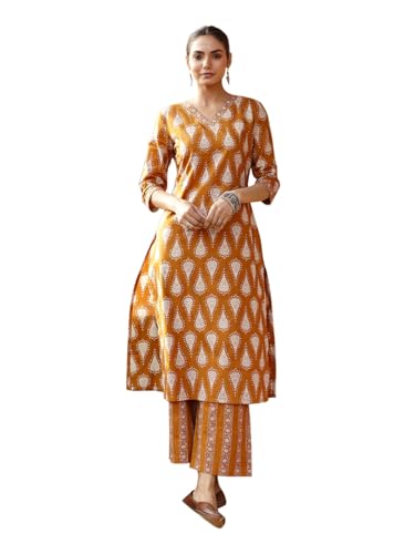 Image of FIORRA Women's Mustard Cotton Printed Straight-Cut Kurta Set