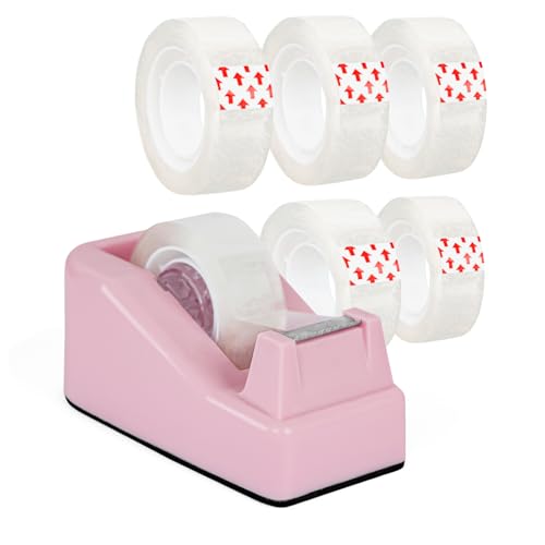 Desktop Tape Dispenser Pink with Weighted Nonskid Base - Includes 6 Rolls of Transparent Tape (0.71 Inch x 1000 inches Each)