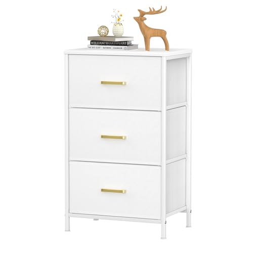 Innotic Nachttisch mit 3 Schublade aus Stoff, Kommode Metallrahmen, hoch und schmal, Multifunktionale Aufbewahrungsschränke Fur Wohnzimmer Schlafzimmer, Weiß
