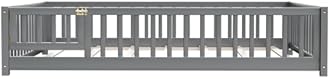 i-POOK Twin Floor Bed for Children, Sturdy Wood Montessori Bed Frame with Wood Slats, Fence & Door, Montessori Floor Bed for Girls and Boys, Gray