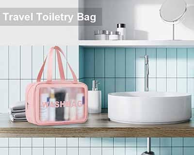 Image of Makeup Pouch Bag PVC Travel Toiletries Organizer Cosmetic Bags Wash Bag Pouch for Travel Kit Toiletry Bag Portable Organizer Case Carry Pouch for Women Bathroom Set of 3 (Pink)