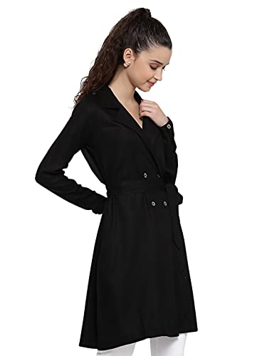 Image of Style Quotient Women Black Solid Double-Breasted Trench Coat