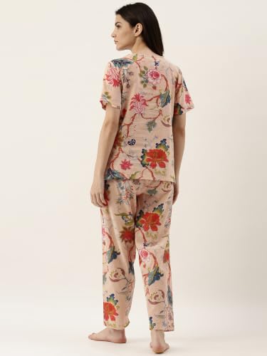 Image of SANSKRUTIHOMES Women's Premium 100% Cotton Printed Co-Ord Set | Short Sleeve Shirt & Pant Set | Pink Checkered Sun & Palm Tree Print | Casual Summer Resortwear, Vacation Wear & Comfortable Loungewear