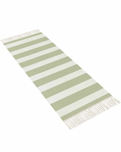 Sage Green Stripes Rugs for Entryway 2'x5', Laundry Room Rug Washable Woven Cotton Area Rug Runner Rug, Farmhouse White Simple Vertical Striped Non Slip Throw Rug Carpet for Hallways Bedroom