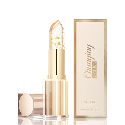 HERBENJOY Clear Flower Jelly Lipstick,Transfer-Proof Color Changing Lipstick with Gold Foil,Moisturizing Glossy Shine Gold Crystal Ph LipstickColor Changing,Magic Temperature Color Change Lip Balm
