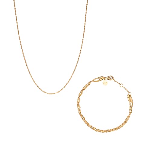 LUUK LIFESTYLE Set de joyería con pulsera y collar doble de estilo elegante, joyería de calidad para mujer, novia, amiga, complementos joyería de moda, joyas acero inoxidable, dorado