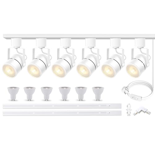 Bravsekai LED Track Lighting Heads Kit, 6-Lights GU10 Dimmable Track Lights with 2x1m H Type Track Light Rails, 10W 4000K Natural White Indoor Ceiling Spotlight Fixture