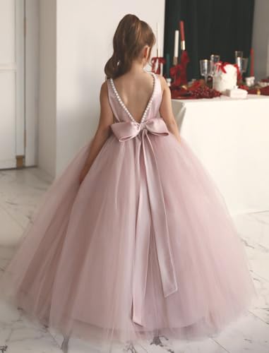 Elegant Satin Tulle Flower Girl Dresses for Wedding V Back Bow-Knot Pearls Princess Pageant Ball Gown2