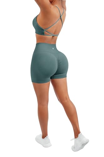 Image of SUUKSESS Women Seamless Workout Sets Strappy Sports Bra High Waist Booty Shorts Outfits
