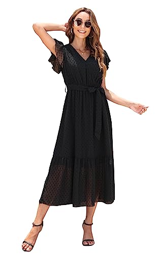 Image of VintageClothing Womens Sundress Casual Floral Summer Boho Dress | Flowy Wrap V Neck Ruffle A-Line Pleated Hem Midi Dresses