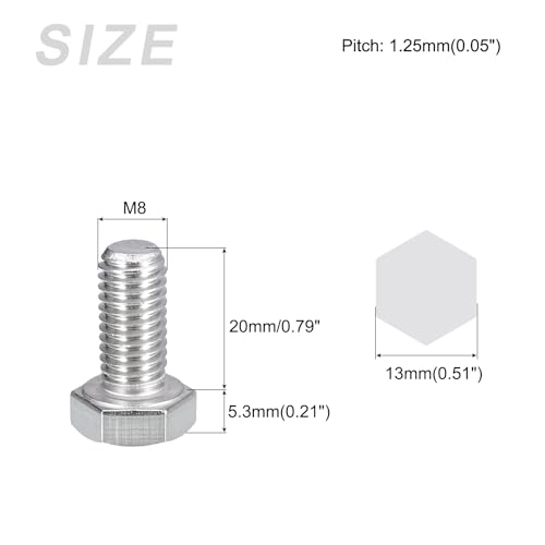 Image of METALLIXITY Hex Bolts (M8-1.25x20mm) 20Pcs, 304 Stainless Steel Coarse Fully Threaded Hex Head Screw Bolt Machine Screws - for Furniture Repair, Silver