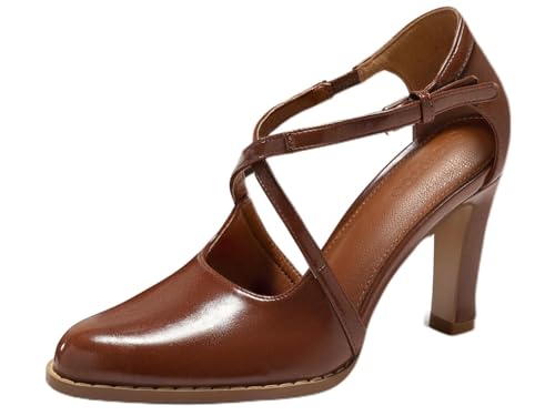 Coutgo Womens Chunky High Heels Dress Shoes Closed Pointed Toe Cross Strap Buckle Pumps Vintage D'Orsay Party Shoes, Brown, Size 8