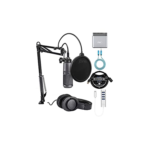 Audio Technica AT2020USB+PK Vocal Microphone Pack for Streaming Bundle with Blucoil USB-C Hub, Pop Filter, 5X Cable Ties, 3' USB Extension Cable, 6' 3.5mm Extension Cable, and FiiO A1 Headphone Amp